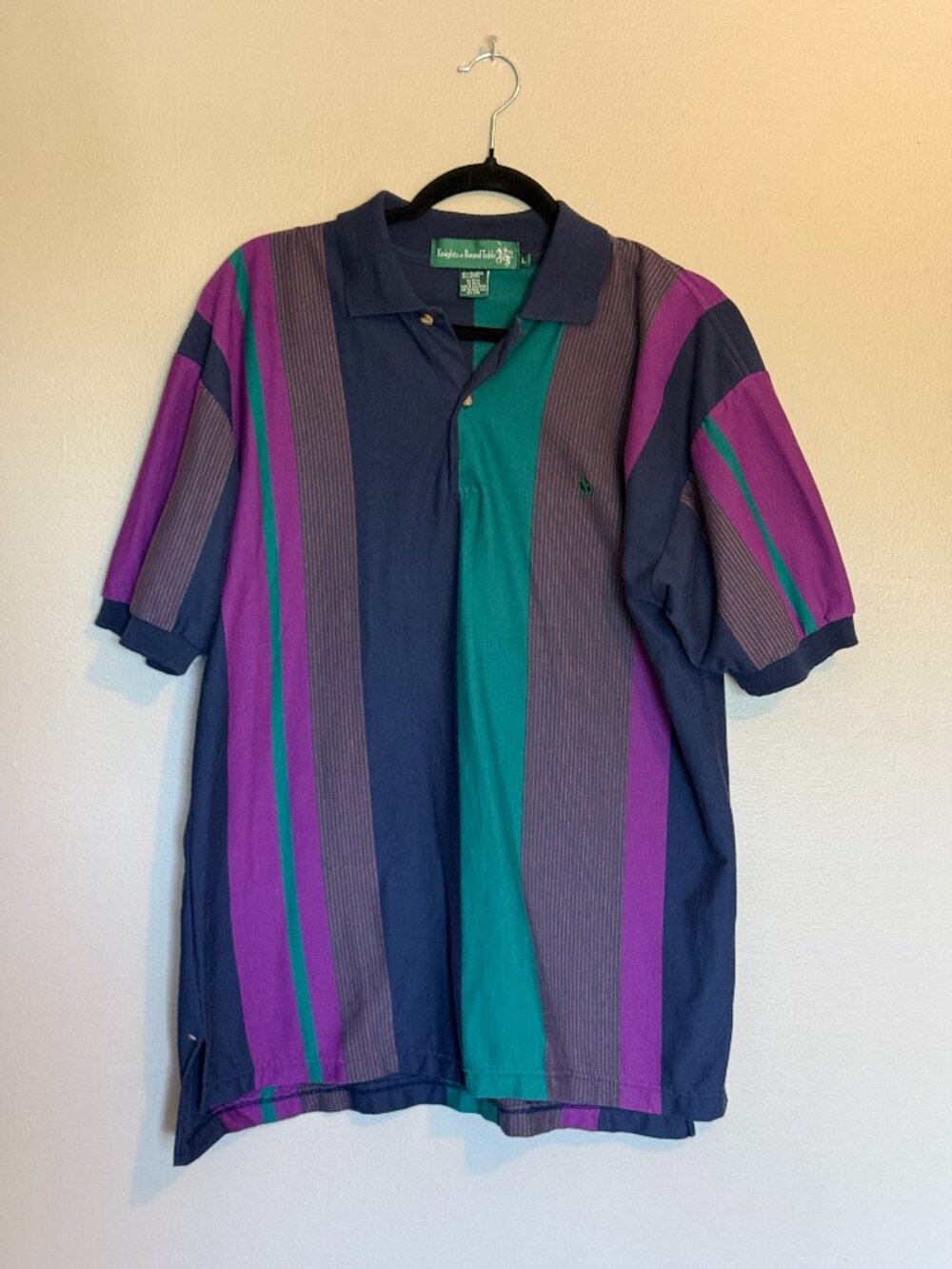 Knights of Round Table Men's Polo Shirt Striped, Short Sleeve 90s Vintage L